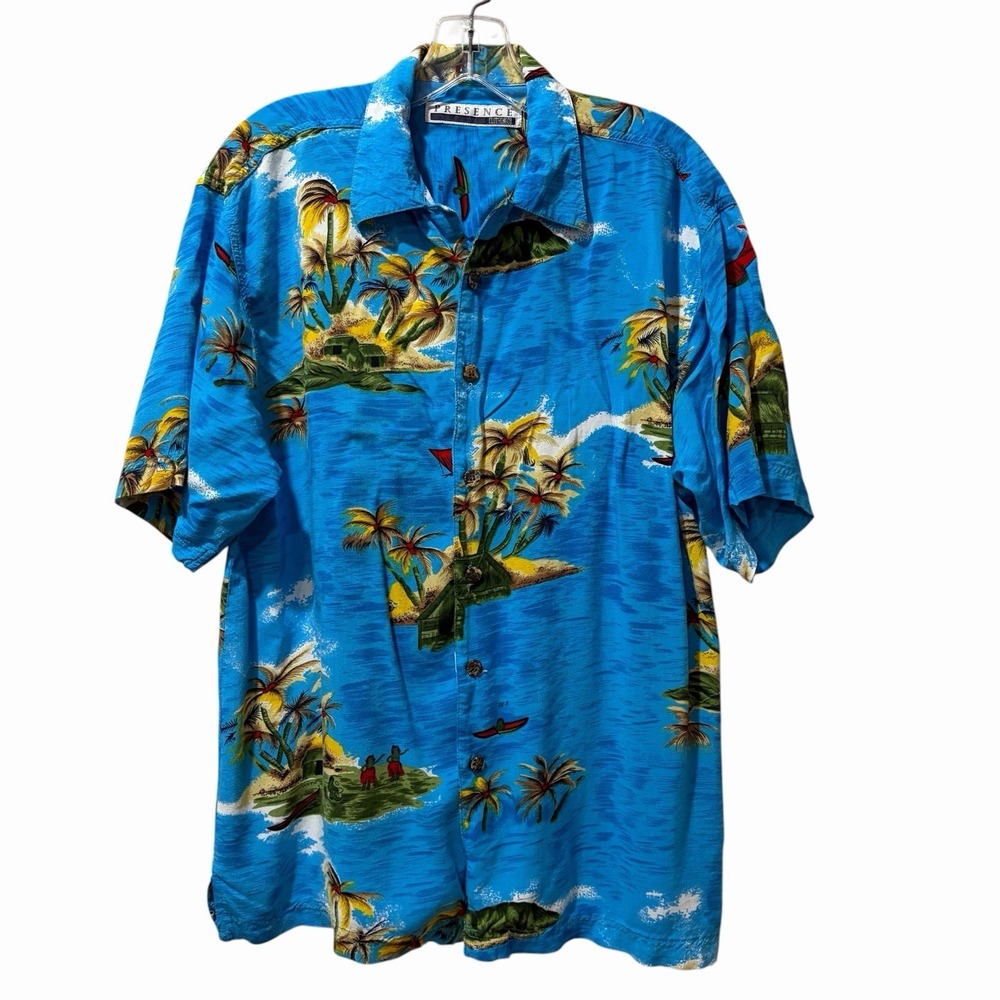 Presence Men Medium Hawaiian Button Up Shirt Tiki Palm Tree Floral Hula Blue